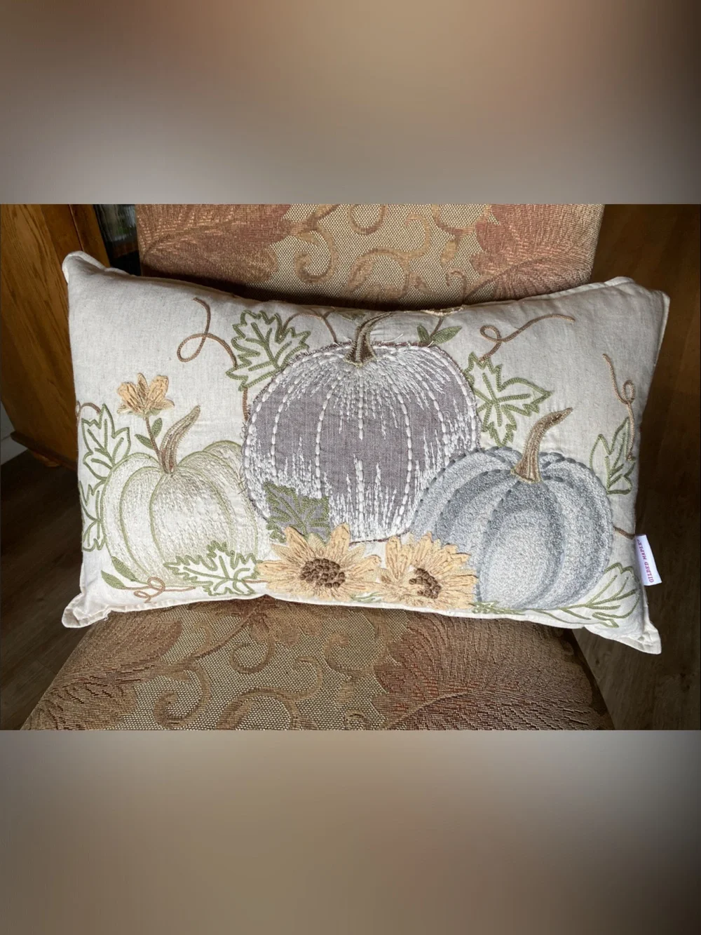 Neutral Embroidered Pumpkin Accent Pillow with Sunflowers